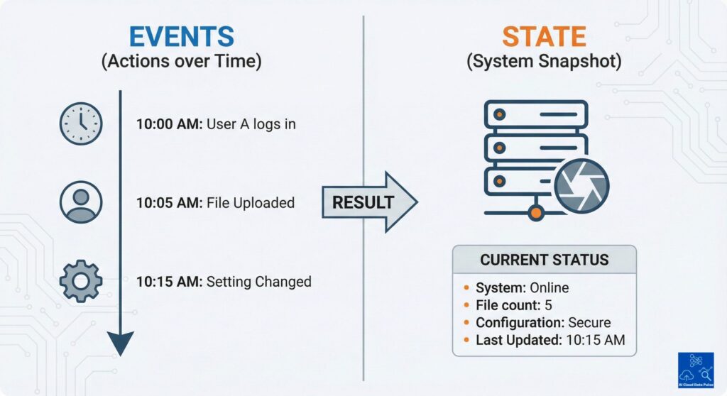 Diagram comparing event logs over time with current system configuration state