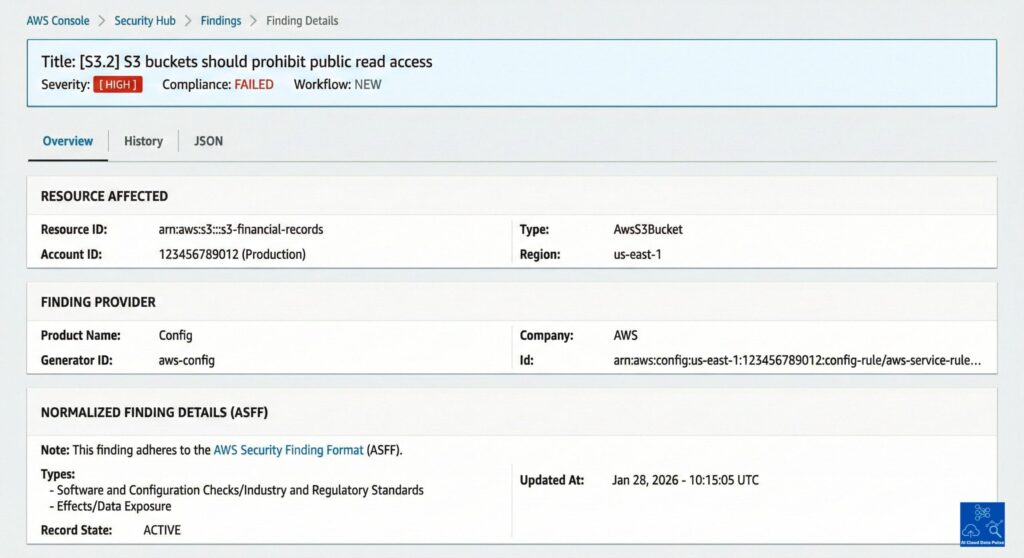 AWS Security Hub finding normalized from an AWS Config compliance evaluation showing severity and governance context
