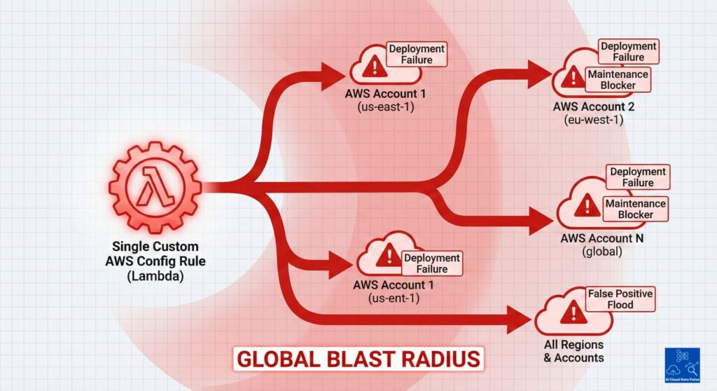 Diagram illustrating the global blast radius risk of custom AWS Config rules best practices, showing how a single custom rule can impact multiple AWS accounts and regions through deployment failures and false positives.
