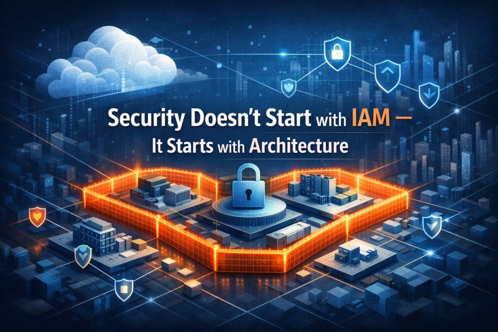 Diagram showing AWS architecture as the first infrastructure security control, with trust boundaries and constrained reachability.