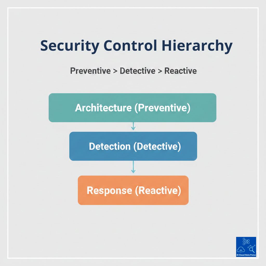 AWS security control hierarchy diagram showing Architecture (Preventive), Detection (Detective), and Response (Reactive) layered vertically.