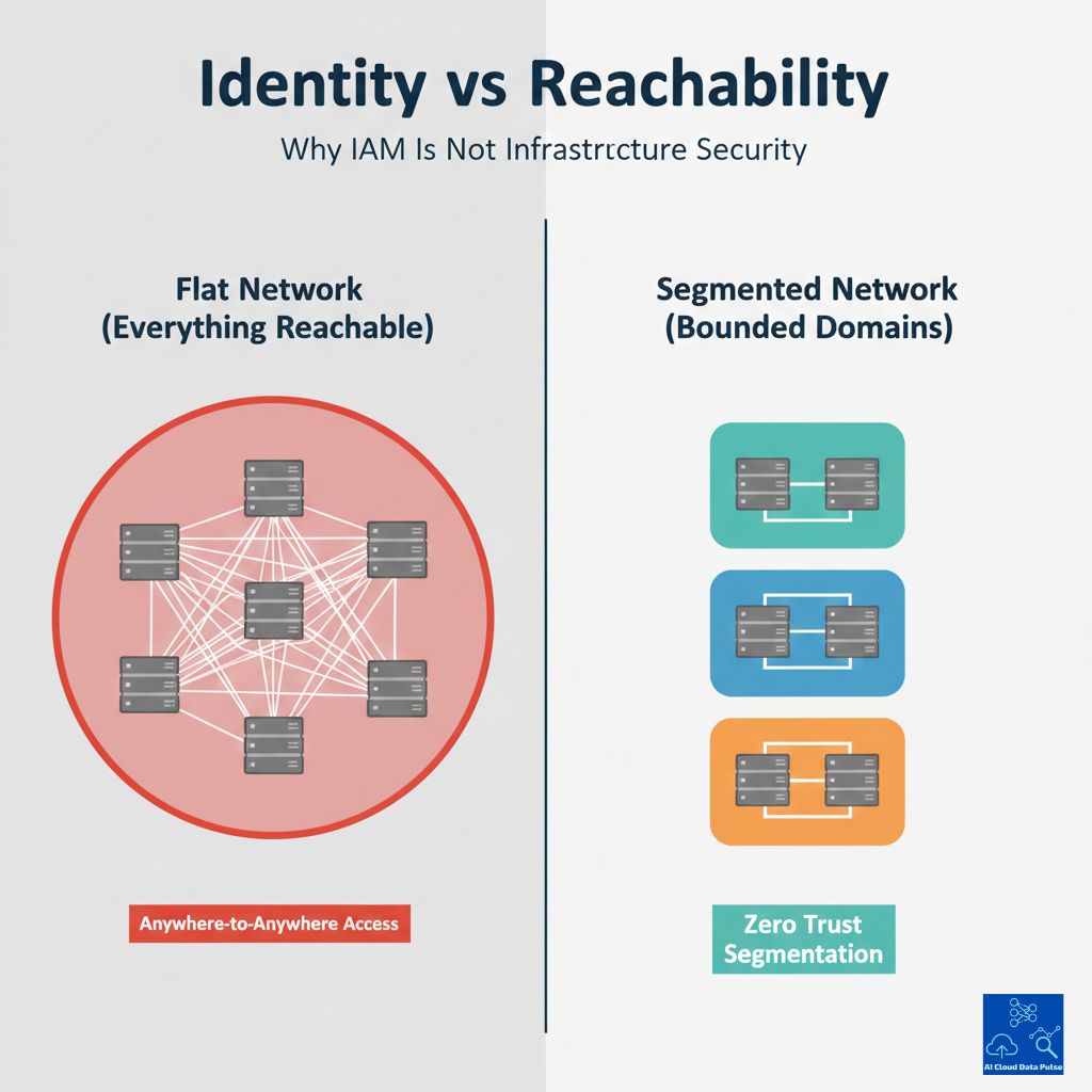 Identity vs reachability diagram showing flat network with anywhere-to-anywhere access versus segmented AWS network with bounded trust domains.