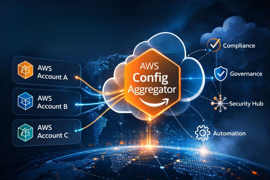AWS Config Aggregator architecture enabling centralized compliance monitoring across multiple AWS accounts