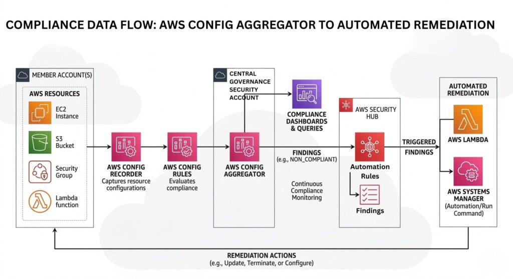 AWS Config Aggregator compliance workflow integrating AWS Security Hub and automated remediation using Lambda and Systems Manager