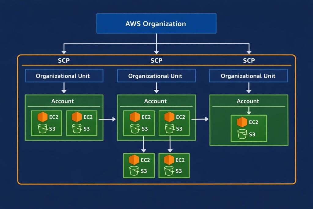 aws organizations multi account security model with scp and organizational units diagram