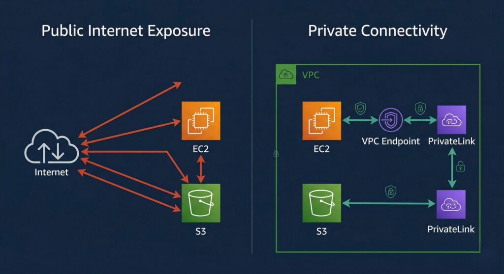 aws infrastructure security architecture private connectivity vs public internet exposure diagram
