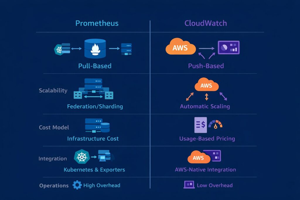 Prometheus vs CloudWatch key differences comparison diagram