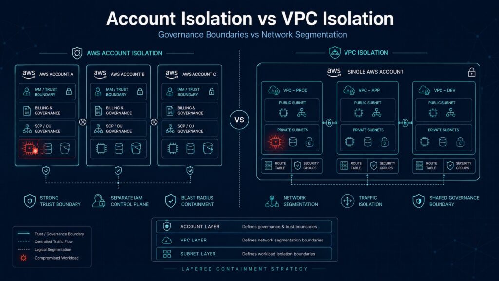 AWS account isolation vs VPC isolation diagram showing governance boundaries and network segmentation