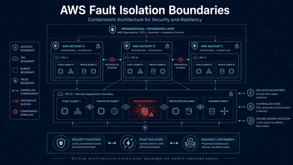 AWS fault isolation boundaries diagram showing containment architecture, trust boundaries, and blast radius reduction