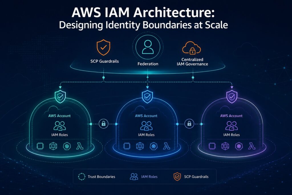 AWS IAM architecture illustration showing identity boundaries, SCP guardrails, federated governance, and segmented AWS accounts at scale