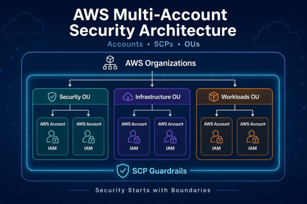 AWS Organizations SCP security architecture diagram showing accounts, OUs, and guardrails