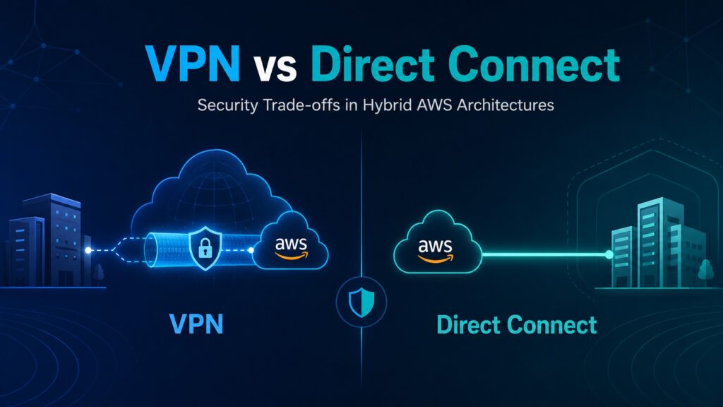 AWS VPN vs Direct Connect security comparison showing encrypted VPN transport versus private Direct Connect connectivity in hybrid AWS architectures