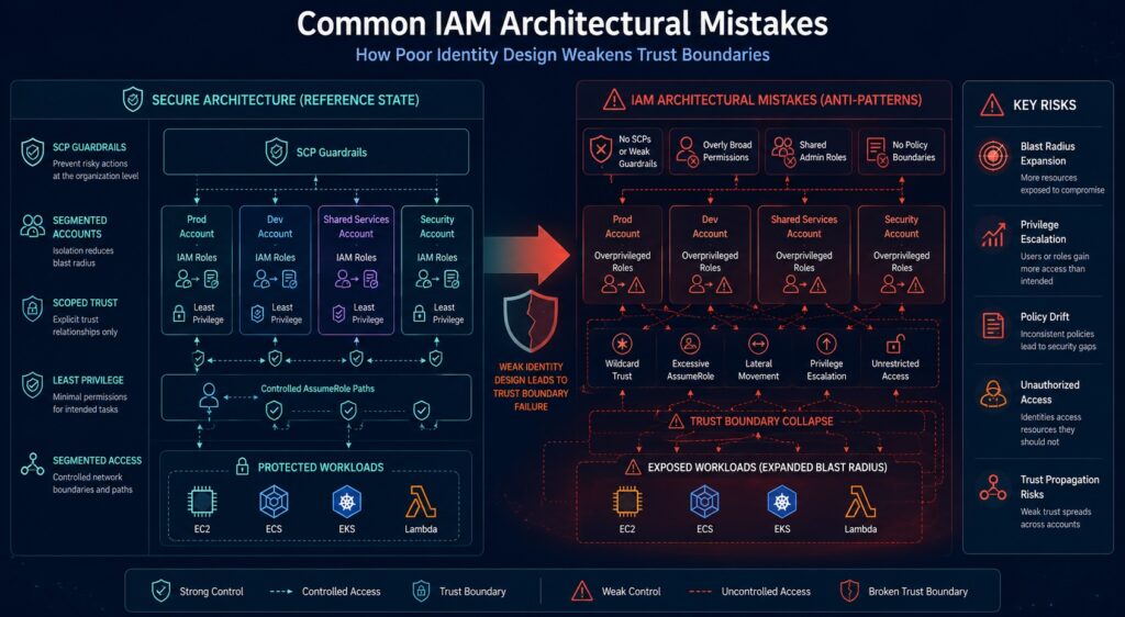 Diagram showing common AWS IAM architectural mistakes including overprivileged roles, wildcard trust relationships, lateral movement, privilege escalation, and trust boundary collapse