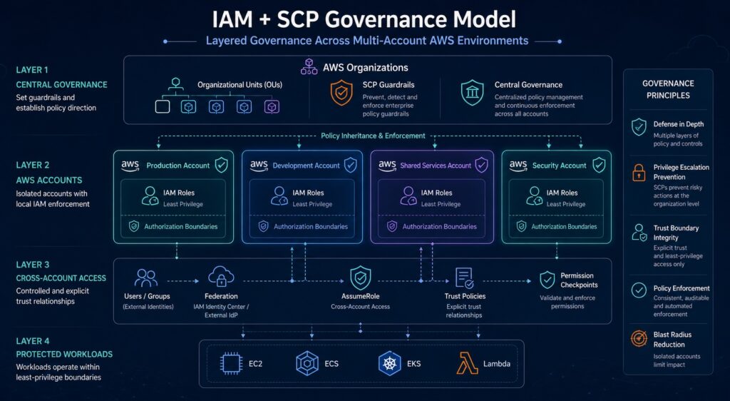 Diagram showing layered AWS IAM and SCP governance across AWS Organizations, organizational units, IAM roles, AssumeRole trust relationships, and multi-account security architecture