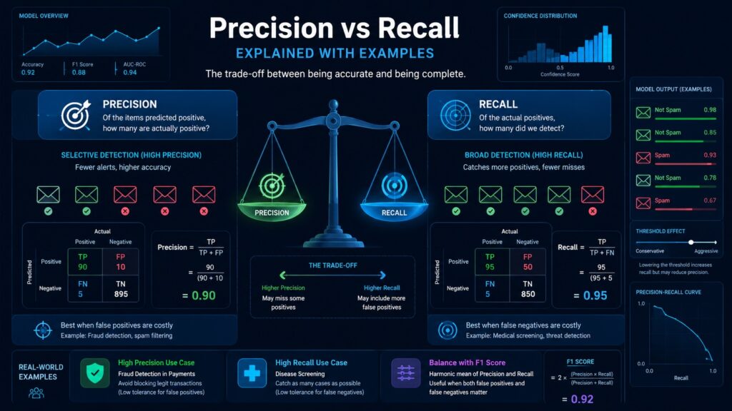 Precision vs recall explained with examples infographic showing false positives, false negatives, F1 score, and ML trade-offs