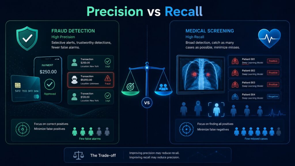 Precision vs recall infographic showing fraud detection with high precision and medical screening with high recall