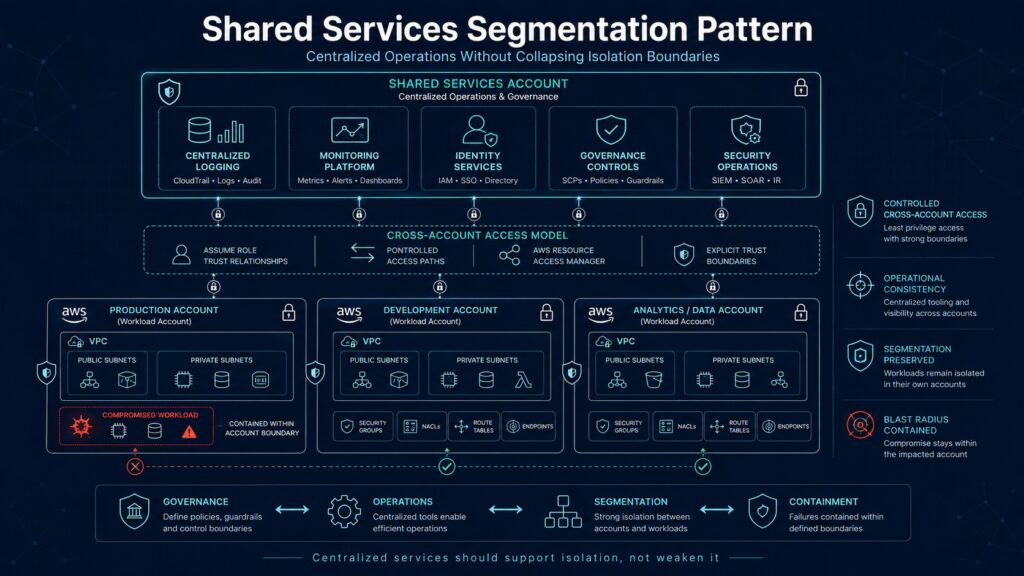 AWS shared services segmentation pattern showing centralized monitoring, cross-account access, and workload isolation