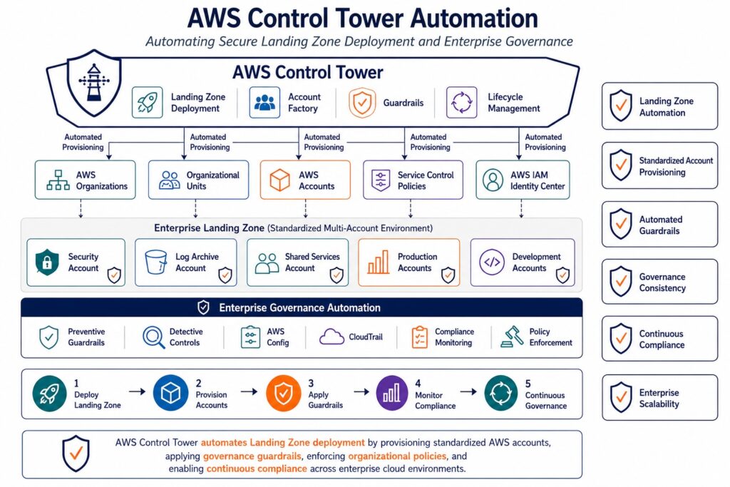 AWS Control Tower automation architecture showing automated Landing Zone deployment, AWS Organizations, Organizational Units, AWS accounts, Service Control Policies, IAM Identity Center, governance automation, and continuous compliance across an enterprise AWS environment.