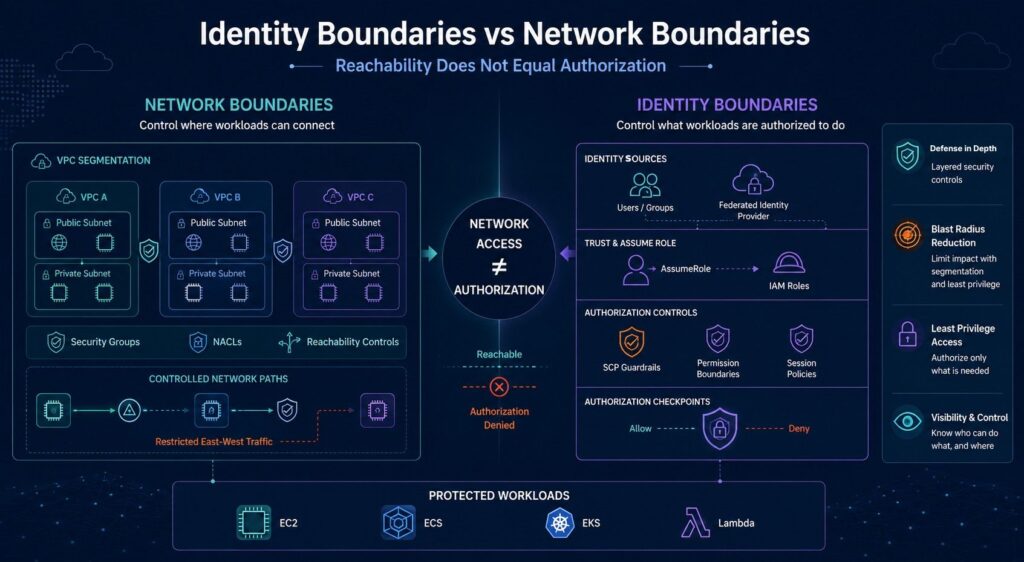 Diagram comparing AWS network boundaries and IAM identity boundaries showing segmentation, authorization controls, SCP guardrails, and least privilege security architecture