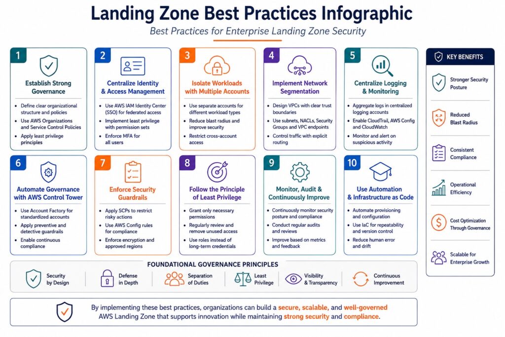 AWS Landing Zone security best practices infographic illustrating governance, centralized identity, multi-account isolation, network segmentation, centralized logging, AWS Control Tower automation, security guardrails, least privilege, continuous compliance monitoring, and enterprise governance principles.