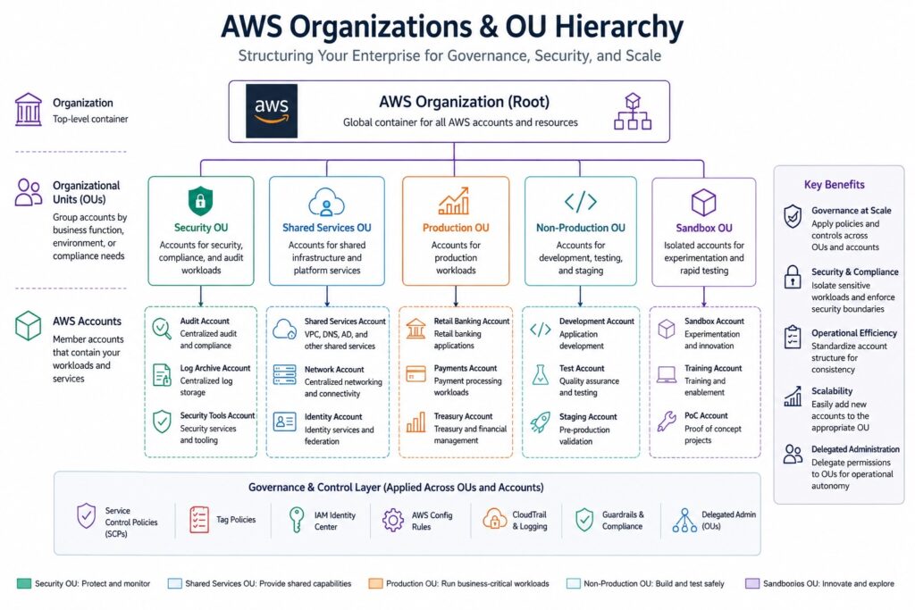 AWS Organizations and Organizational Units hierarchy diagram showing Security, Shared Services, Production, Non-Production, and Sandbox Organizational Units, AWS accounts, governance controls, and enterprise multi-account architecture.