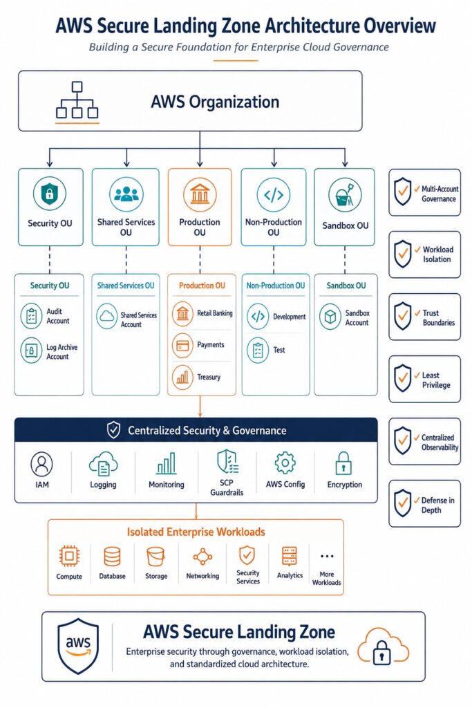 AWS Secure Landing Zone architecture overview showing AWS Organizations, Organizational Units, multi-account governance, centralized security services, and isolated enterprise workloads.