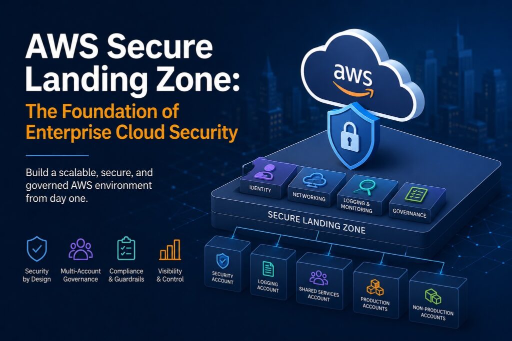 AWS Secure Landing Zone architecture diagram showing enterprise multi-account governance, security accounts, centralized logging, identity management, and production and non-production AWS accounts.