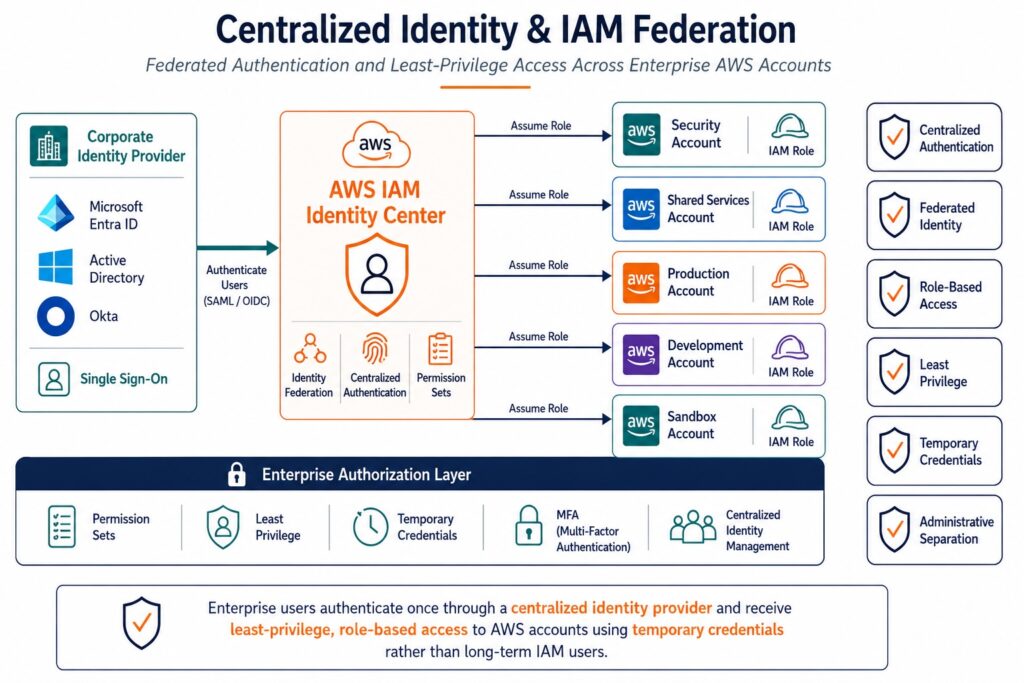 Centralized identity and IAM federation architecture showing a corporate identity provider integrated with AWS IAM Identity Center, federated authentication, IAM roles, permission sets, and least-privilege access across multiple AWS accounts.