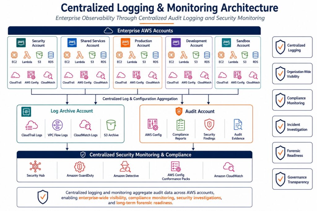 Centralized logging and monitoring architecture showing AWS accounts sending CloudTrail, AWS Config, and CloudWatch data to centralized Log Archive and Audit accounts for enterprise security monitoring, compliance, and forensic readiness.