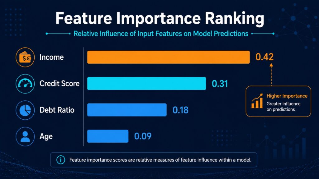 Feature importance ranking diagram showing Income, Credit Score, Debt Ratio, and Age ranked by influence on machine learning predictions