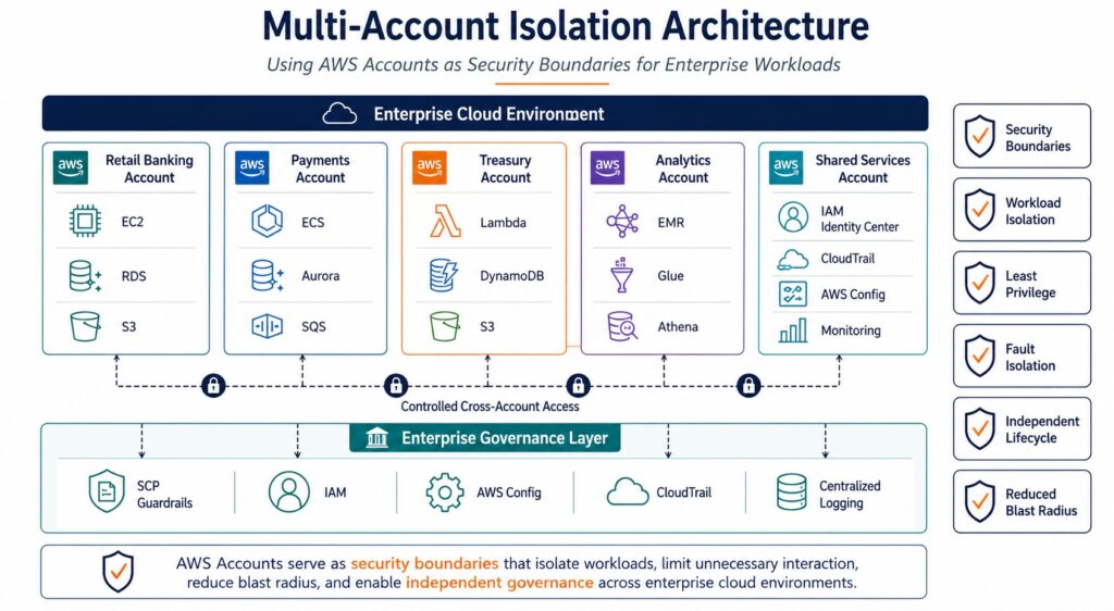 Multi-account isolation architecture showing AWS accounts as security boundaries with controlled cross-account access, centralized governance, SCP guardrails, IAM, AWS Config, CloudTrail, and centralized logging.