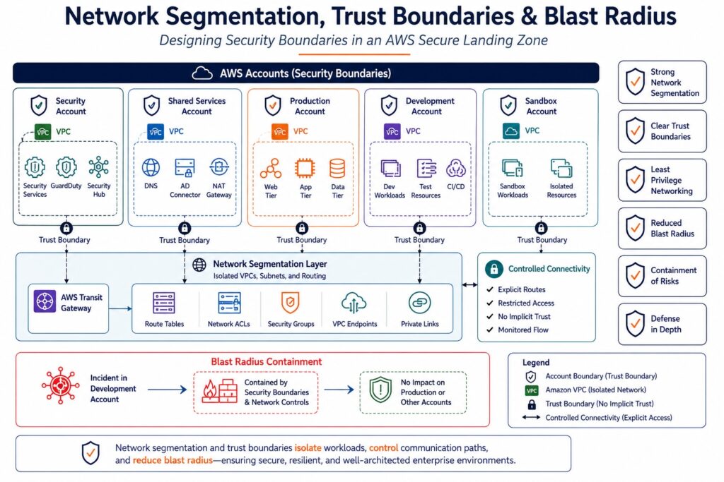 Network segmentation and trust boundaries architecture showing isolated AWS accounts, VPCs, AWS Transit Gateway, security groups, network ACLs, VPC endpoints, controlled connectivity, and blast-radius containment within an AWS Secure Landing Zone.