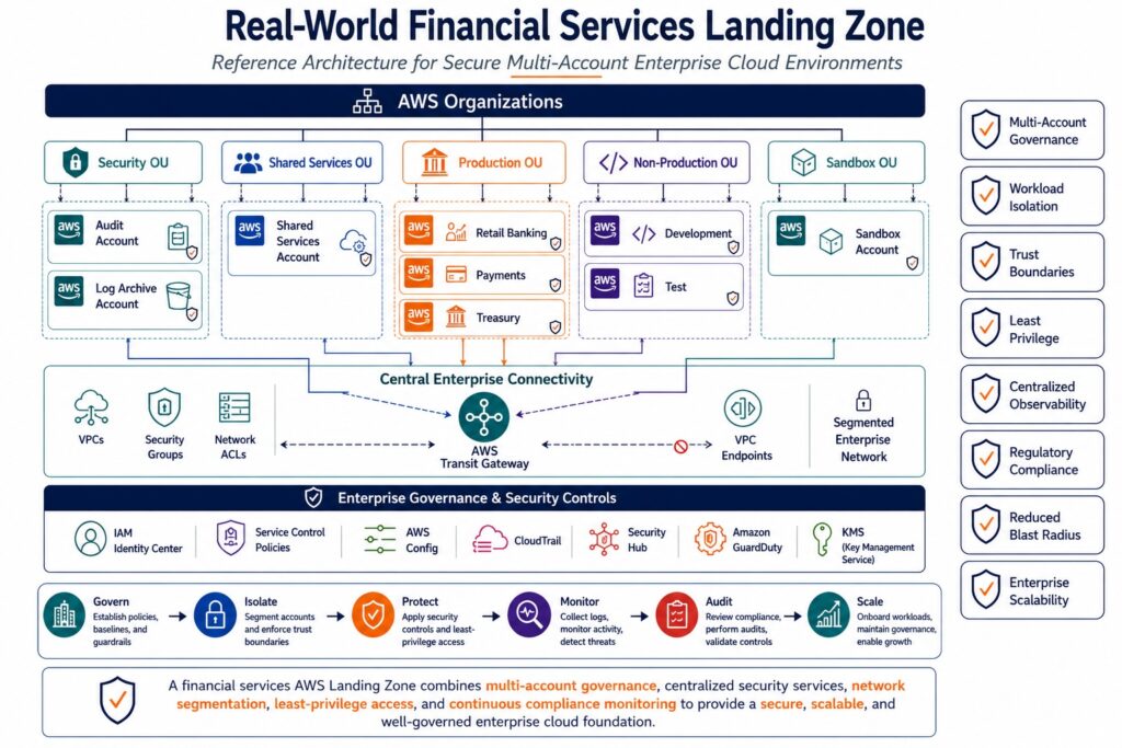 Real-world financial services AWS Landing Zone architecture showing AWS Organizations, Organizational Units, Security, Shared Services, Production, Non-Production, and Sandbox OUs, centralized Transit Gateway connectivity, enterprise governance controls, and multi-account security architecture.