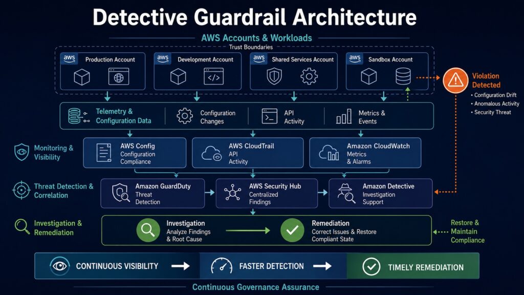 AWS detective guardrail architecture showing multi-account telemetry, continuous monitoring, threat detection, security investigation, and remediation across AWS workloads.