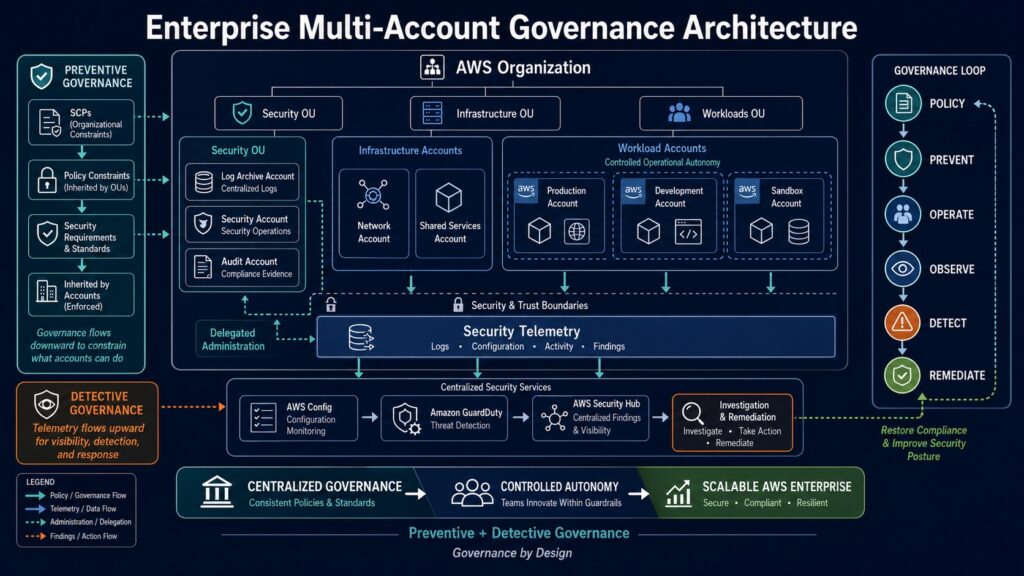AWS enterprise multi-account governance architecture showing Organizational Units, workload and security accounts, preventive and detective guardrails, centralized security telemetry, and delegated administration.