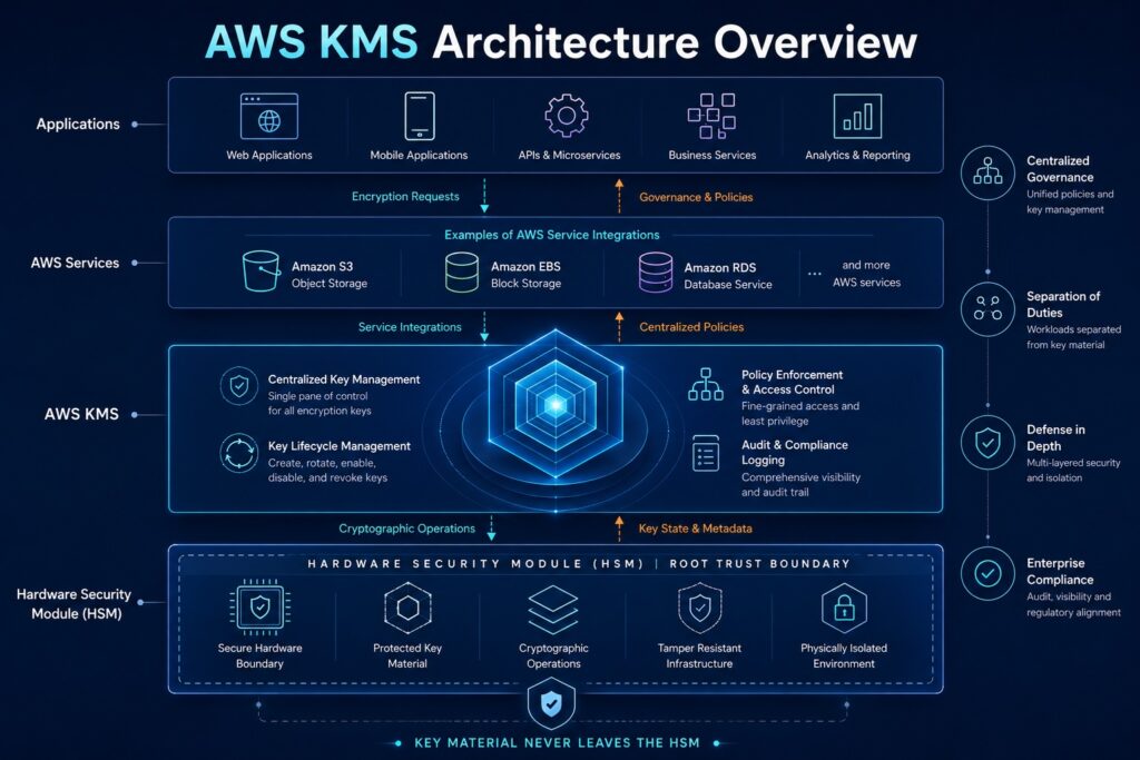 AWS KMS architecture overview showing applications, AWS services, centralized key management, and HSM-protected key material