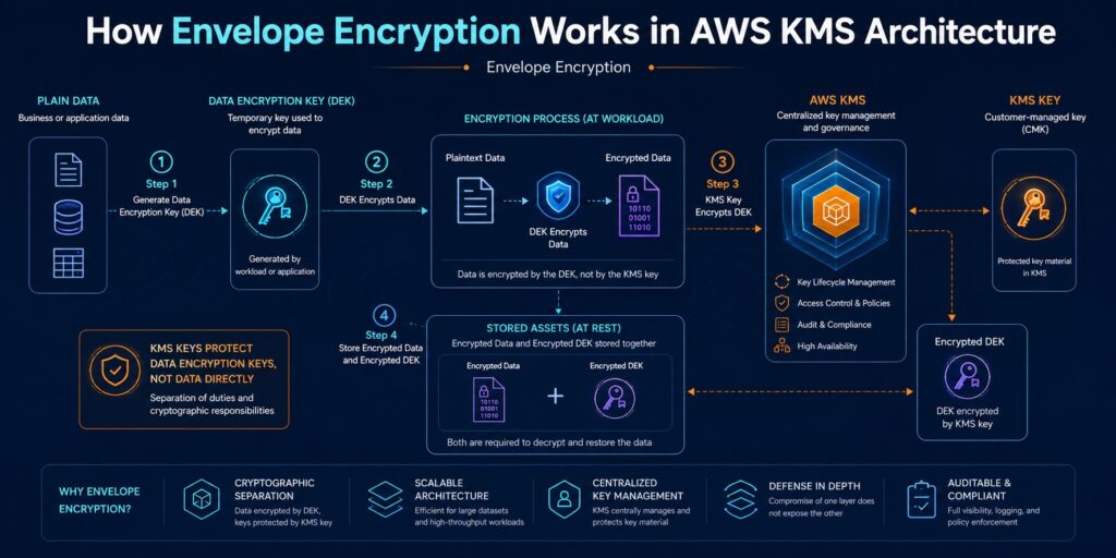 AWS KMS envelope encryption workflow showing data encryption keys encrypting data and KMS keys encrypting the data encryption keys