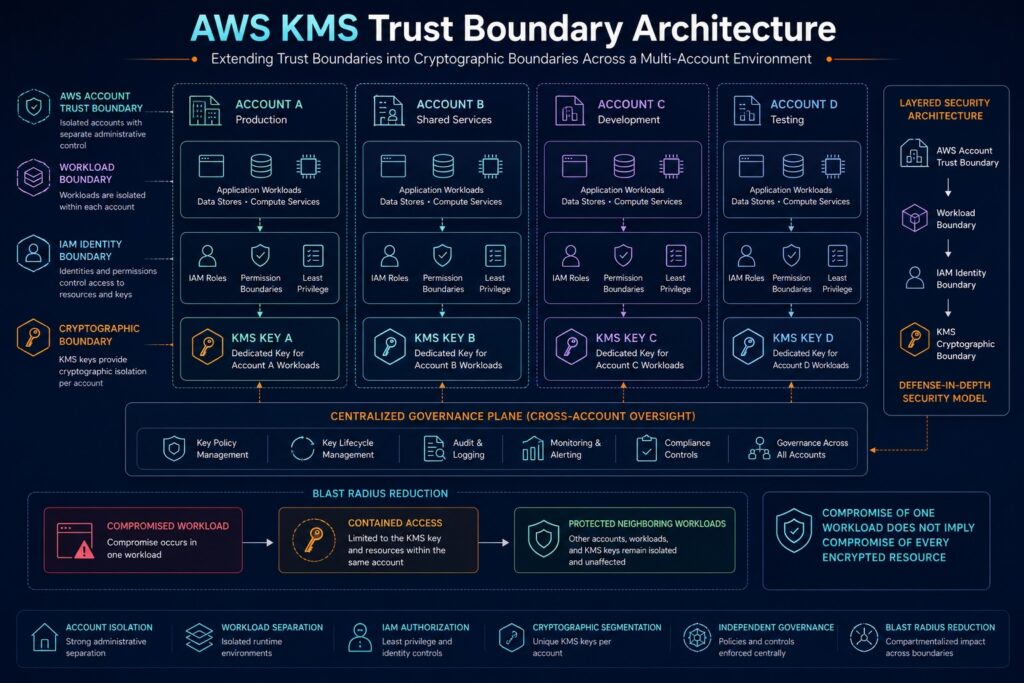 AWS KMS trust boundary architecture showing account isolation, workload separation, IAM identity boundaries, dedicated KMS keys, and blast radius reduction across a multi-account AWS environment