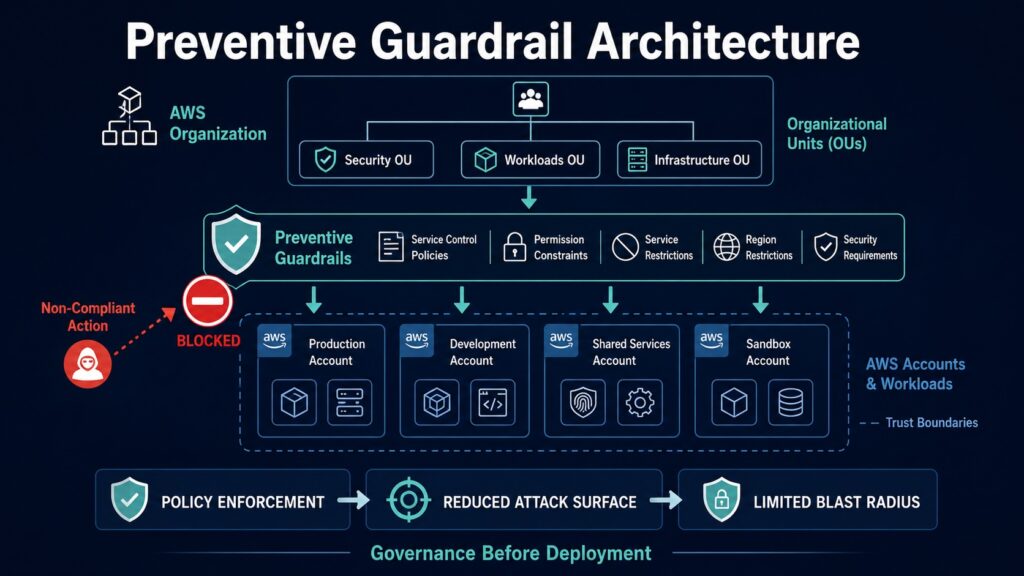 AWS preventive guardrail architecture showing Organizations, Organizational Units, policy enforcement, and blocked non-compliant actions across governed AWS accounts and workloads.