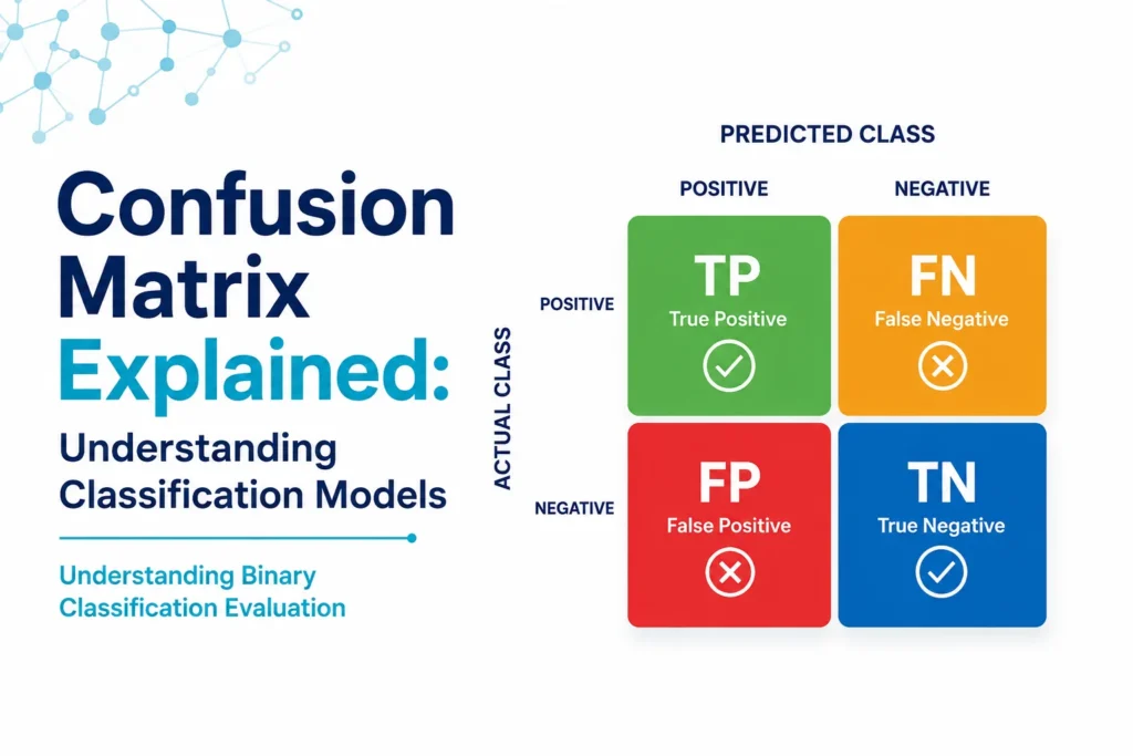 Confusion Matrix Explained showing a 2×2 confusion matrix with True Positives, False Positives, False Negatives, and True Negatives for evaluating machine learning classification models.