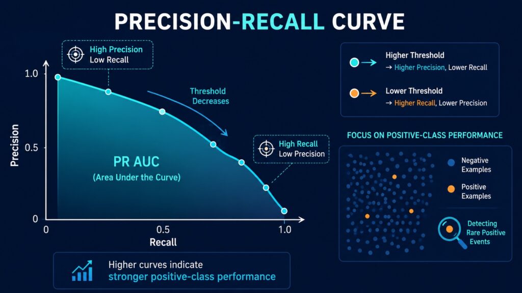 Precision recall curve diagram showing threshold trade-offs, PR AUC, and positive-class performance on imbalanced datasets