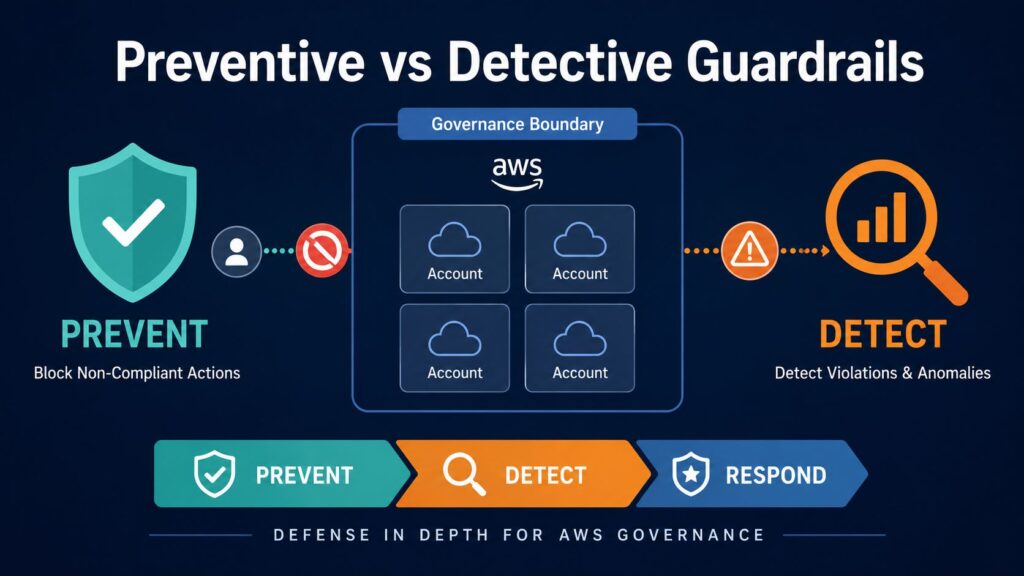 Preventive vs detective guardrails in AWS showing preventive controls blocking non-compliant actions and detective controls identifying violations across a governed multi-account environment.