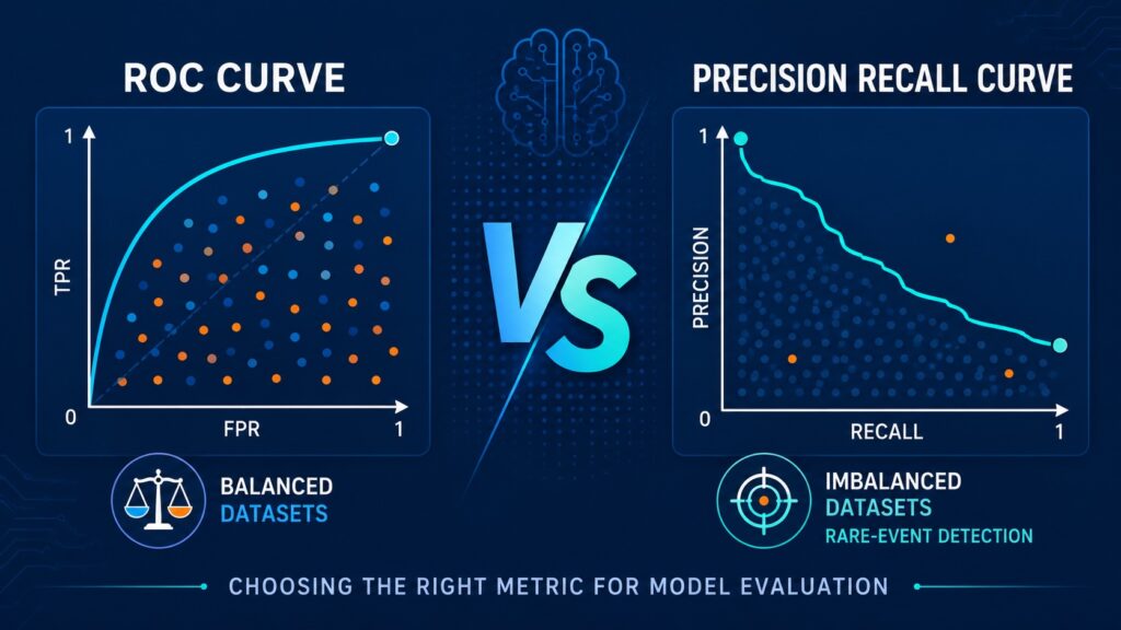 ROC curve vs precision recall curve comparison showing balanced and imbalanced dataset evaluation