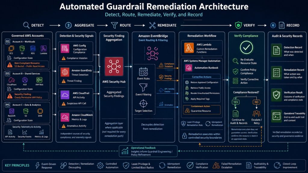 AWS security guardrails automated remediation architecture showing detection, Security Hub aggregation, EventBridge routing, Lambda and Systems Manager remediation, compliance verification, audit records, and operational feedback.
