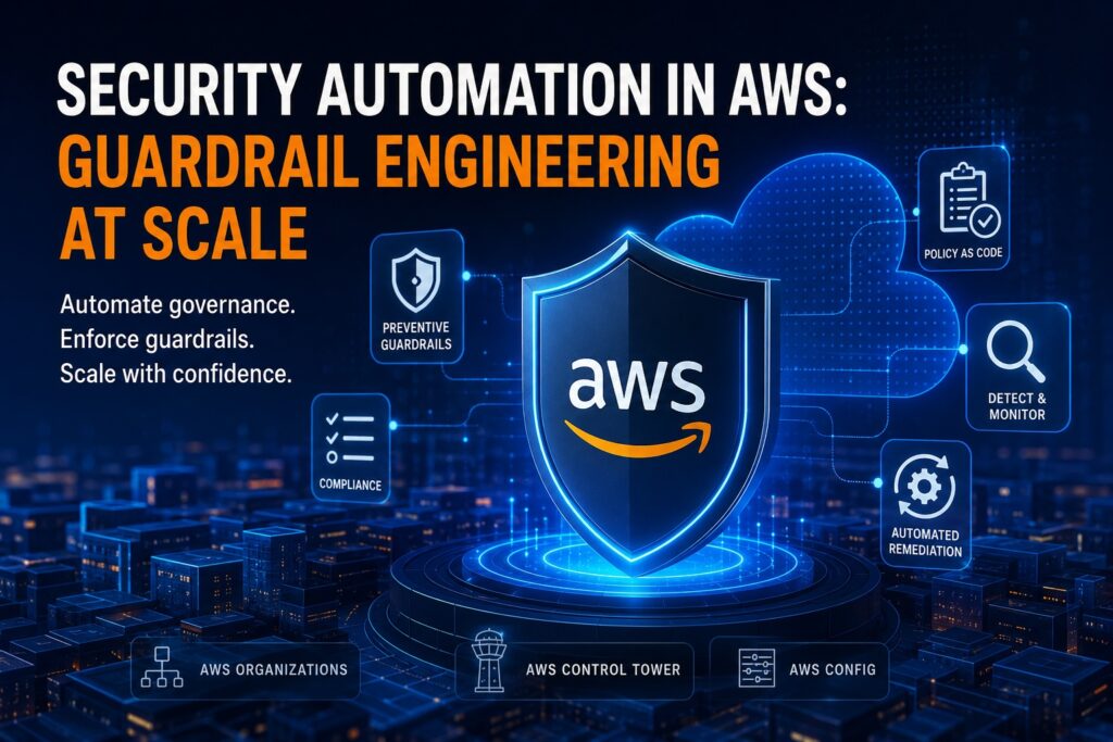 AWS security guardrails and automation architecture showing policy as code, compliance monitoring, preventive controls, and automated remediation.
