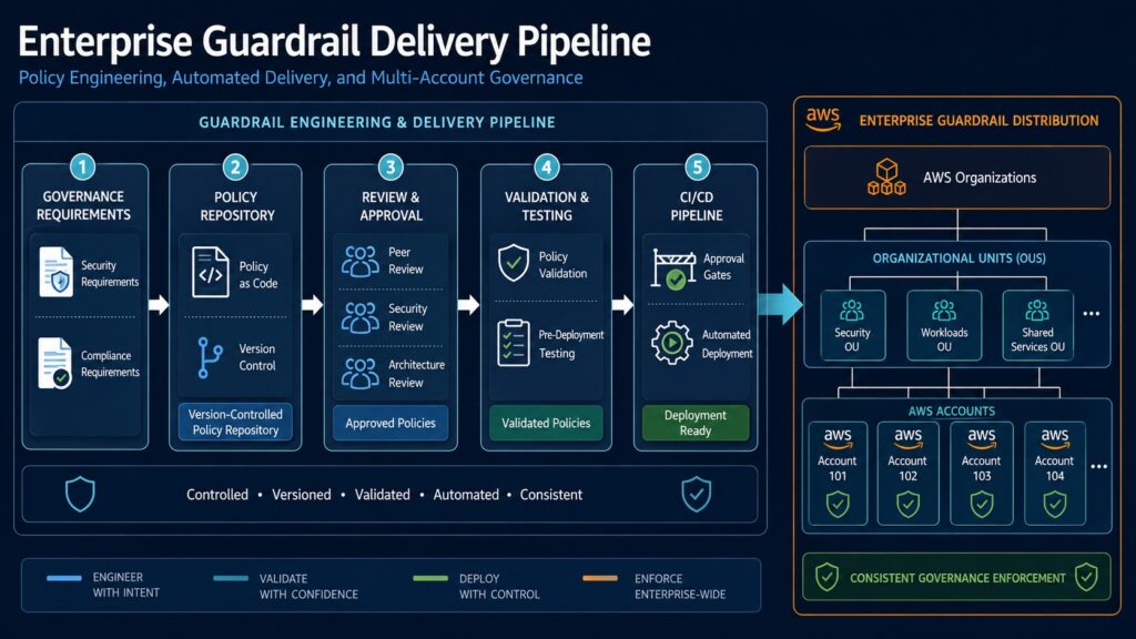 Enterprise AWS guardrail delivery pipeline showing governance requirements progressing through policy as code, review, validation, CI/CD deployment, AWS Organizations, organizational units, and AWS accounts.