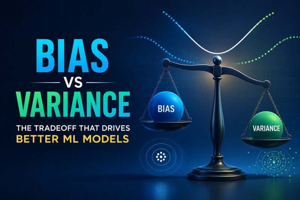 Bias vs variance tradeoff in machine learning illustrated with a balance scale