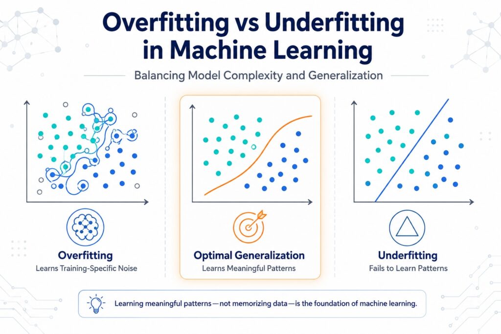 Illustration of overfitting vs underfitting in machine learning showing overfitting, optimal generalization, and underfitting using different decision boundaries.